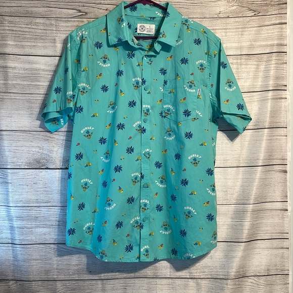 Hurley Teal Hang-Ten Pineapple Hawaiian-Style Short-Sleeve Button Down Shirt - Picture 1 of 9